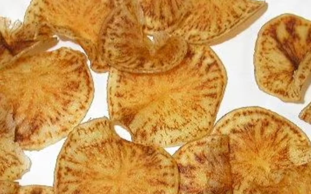 Potato crisps exhibiting Zebra chip disease that caramelises during the cooking process.