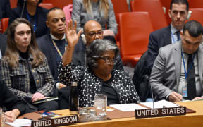 US Ambassador to the UN Linda Thomas-Greenfield casts a veto vote during a UN Security Council meeting on the Israel-Hamas war, at UN Headquarters in New York City on February 20, 2024. The US vetoed a UN Security Council resolution on Tuesday that called for an immediate ceasefire in Gaza, even as President Joe Biden faced mounting pressure to dial back support for Israel. (Photo by ANGELA WEISS / AFP)