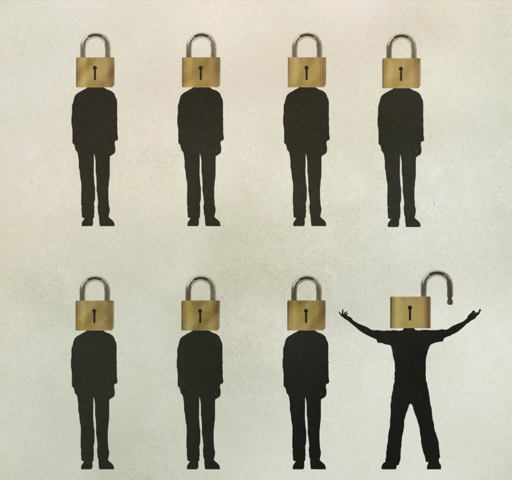 Conceptual illustration of seven men with closed locks for heads and one with an open lock depicting an open mind, creative thinking and freedom of thoughts. (Photo by Fanatic Studio/Gary Waters/SCIEN / FST / Science Photo Library via AFP)