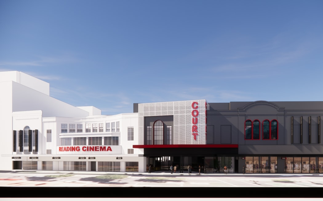 A render of the Courtenay Place entrance at The Court, the proposed new complex in central Wellington.