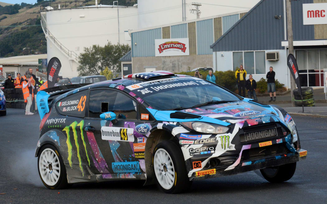 Ken Block from the USA with his co-driver Alessandro Gelsomino in their Ford Fiesta tackle the Super Special Stage in the Otago Rally in 2015.