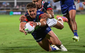 Chanel Harris-Tavita of the Warriors dives for the try line, NZ Warriors v Sydney Roosters, round 1 NRL Telstra Premiership rugby league match at Go Media Stadium, Auckland.