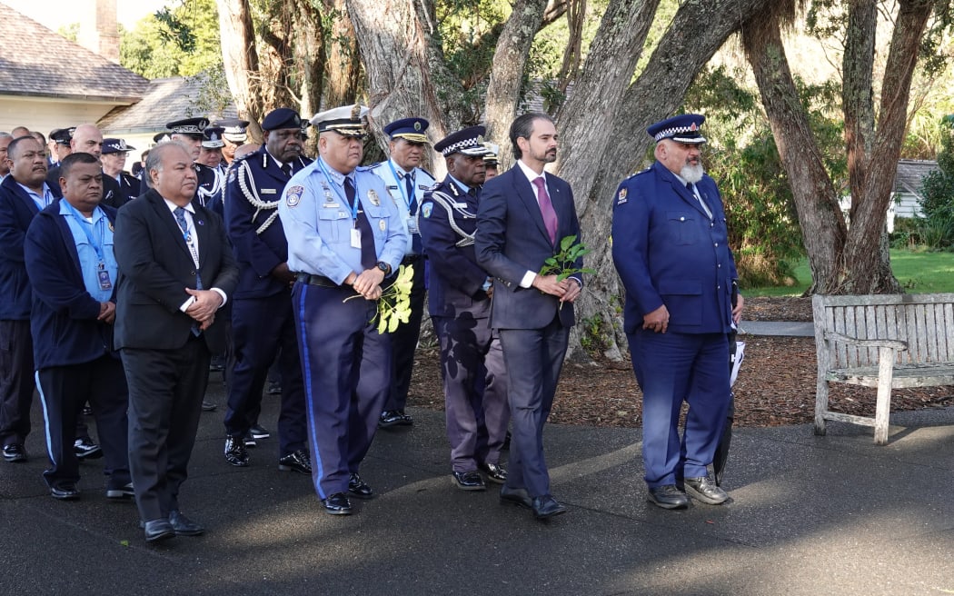 Inspector Riki Whiu, of Northland police, leads, from right, Secretary General of Interpol Valdecy Urquiza, Vanuatu Police Commissioner Kalshem Bongran and Northern Mariana Islands Police Commissioner Anthony Macaranas during the pōwhiri.