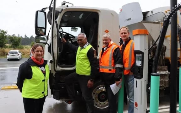 New chargers for heavy electric vehicles open at Lower Hutt's Silverstream Landfill. Pictured from left: Deputy mayor Keri Brown, mayor Ken Laban, Waste Management's executive general manager David Howie, council's head of climate, waste and resource recovery Jörn Scherzer.