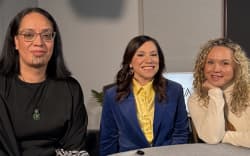 Stacey Morrison poses with Niwa Milroy and Heeni Te Mate Koiwi in the MATA studio.