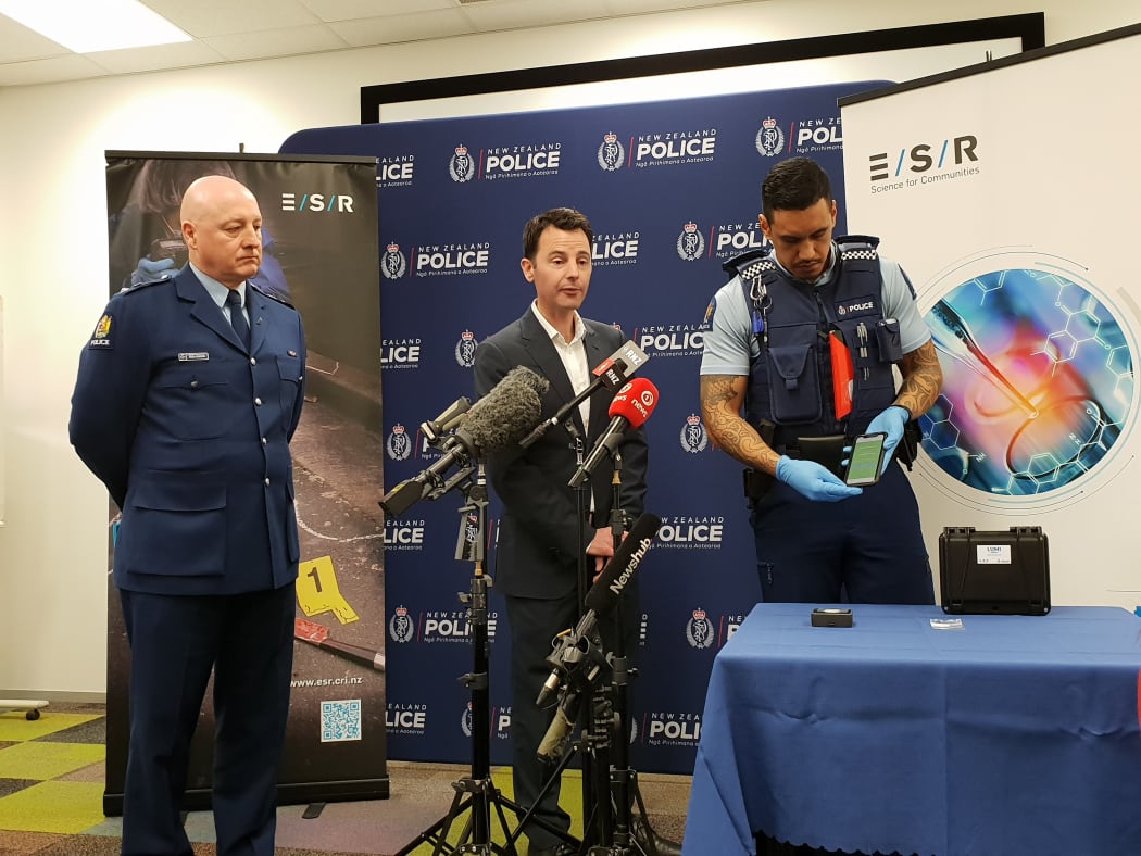 Assistant commissioner Superintendent Mike Johnson, ESR forensic research and development project manager Dion Sheppard and Constable Wepiha Te Kanawa from Counties Manukau.