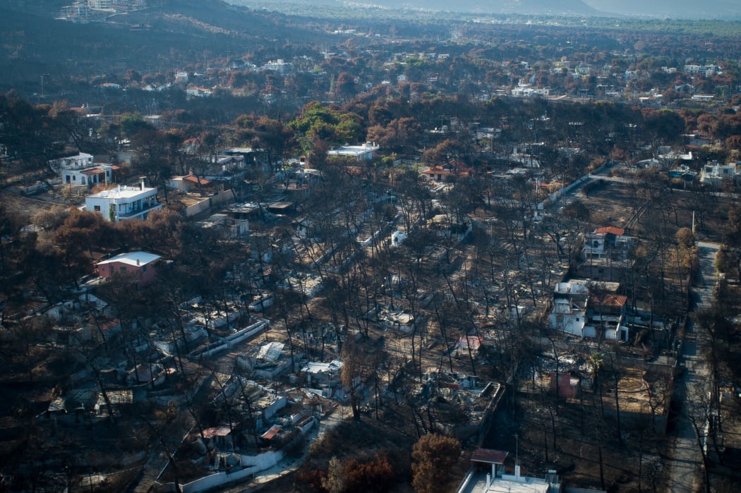 Mati, Athens - July 26, 2018: Aerial view shows a burnt area following a wildfire in the village of Mati, near Athens.