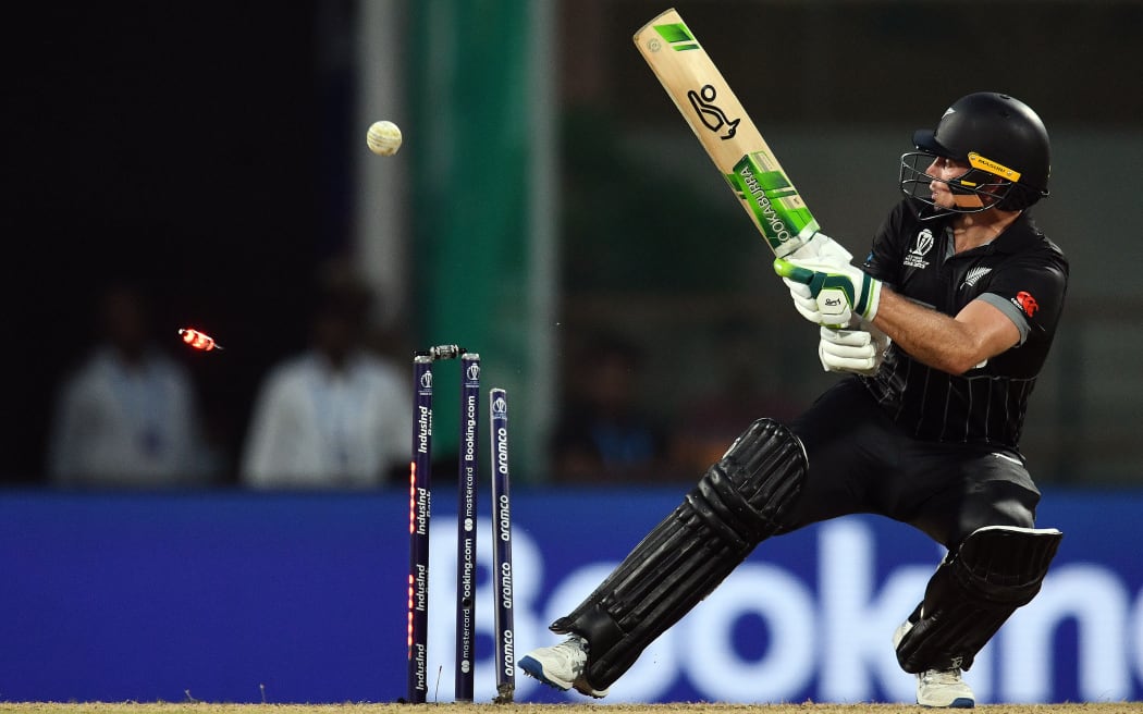New Zealand's captain Tom Latham out bowled during the ICC Cricket World Cup 2023
