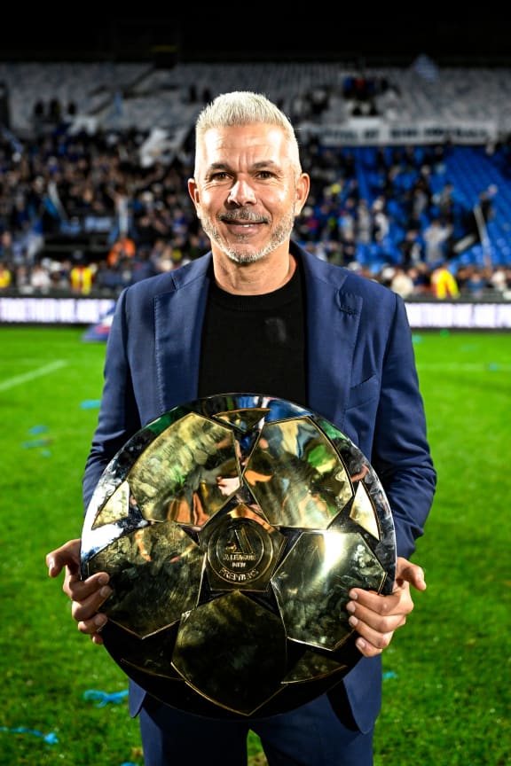 Auckland FC Manager Steve Corica celebrates with the A-League Premier Plate, 2025.
