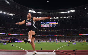 Maddi Wesche competes in the women's shot put final at the athletics world championships in Tokyo.