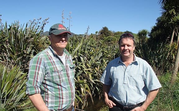 Farmers David Peacocke and Craig Rowlandson stand next to plantings along a stream on David's farm.