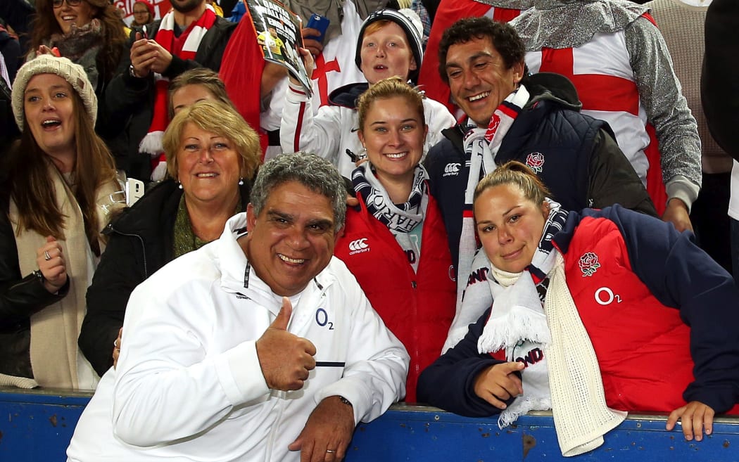 Former Wallabies player Mark Ella with England fans at a test in Sydney in 2016.