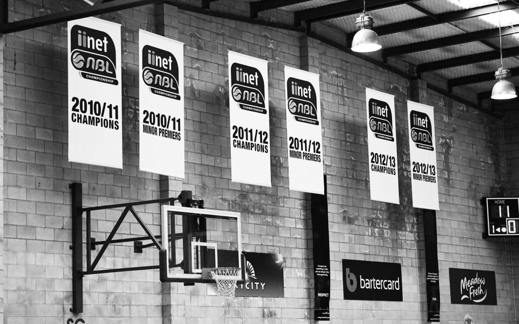 Championship banners during NBL Basketball training in Auckland
