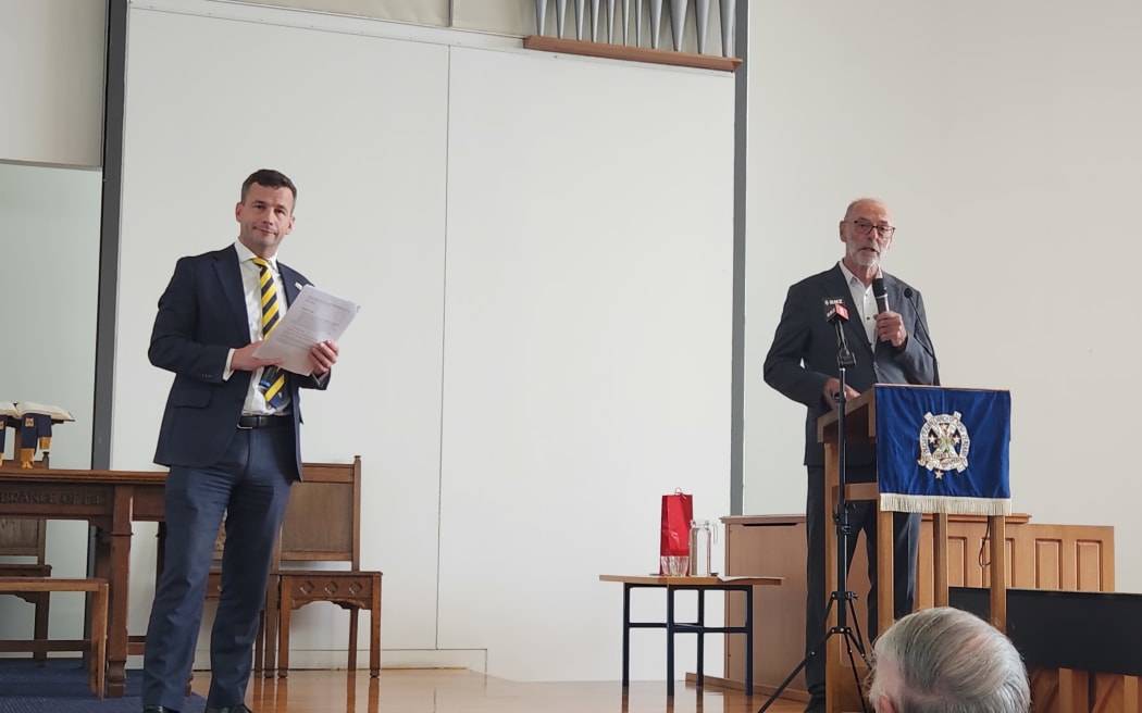 David Seymour and Wayne Brown at a joint public meeting in Remuera.