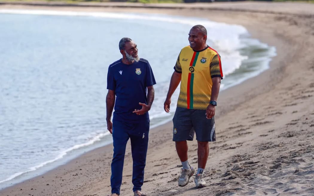 Captain David Chilia and striker Seimata Chilia (right) from the Vanuatu 2004 team that beat New Zealand in Adelaide, Mele, Port Vila, Saturday 15 June 2024. Photo: Shane Wenzlick / www.phototek.nz)