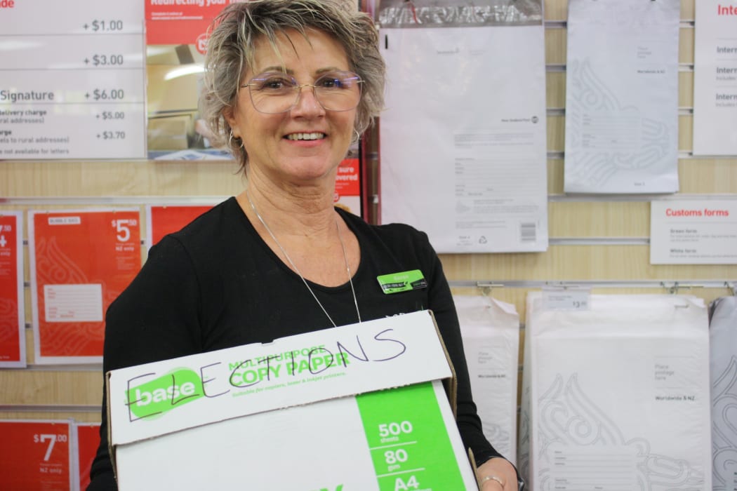 Paper Plus manager Karen Gibb with their makeshift 'elections' box to help customers who missed the mailing deadline.