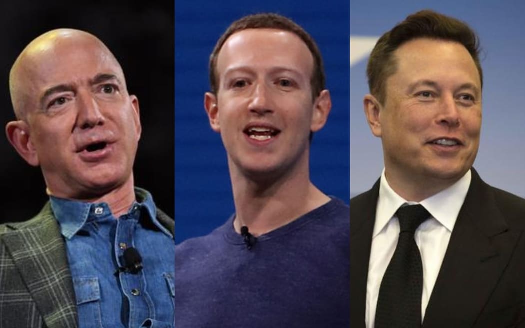 Tech elites Jeff Bezos, Mark Zuckerberg and Elon Musk.