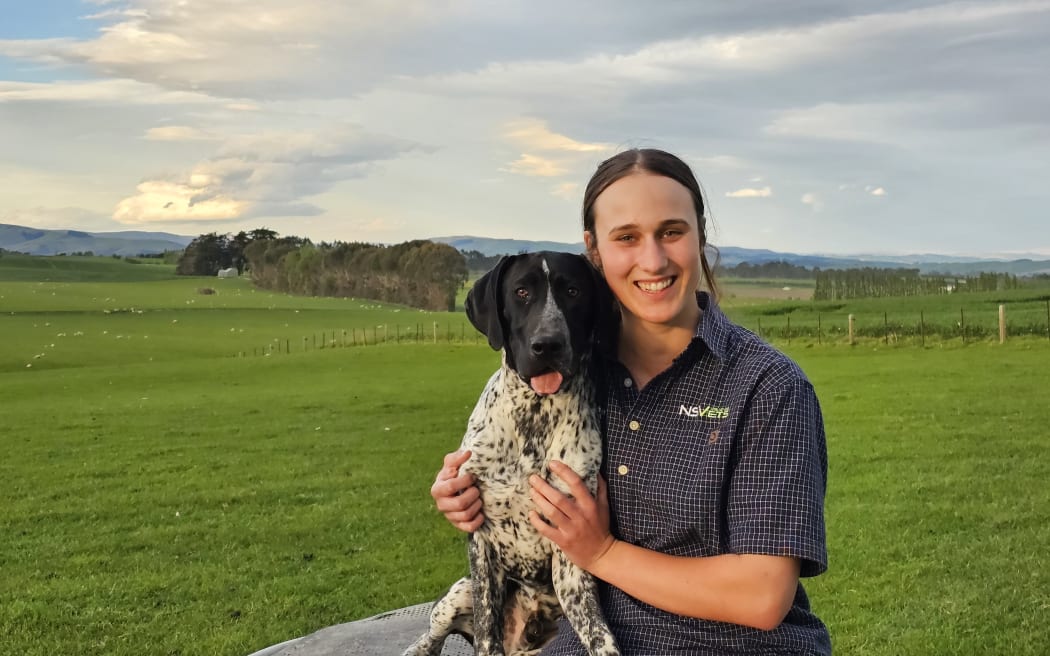 Holly Gardyne picture with Herbie. She works for Northern Southland Vets in Riversdale.