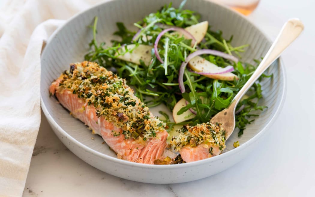 Parsley and pistachio crusted salmon.