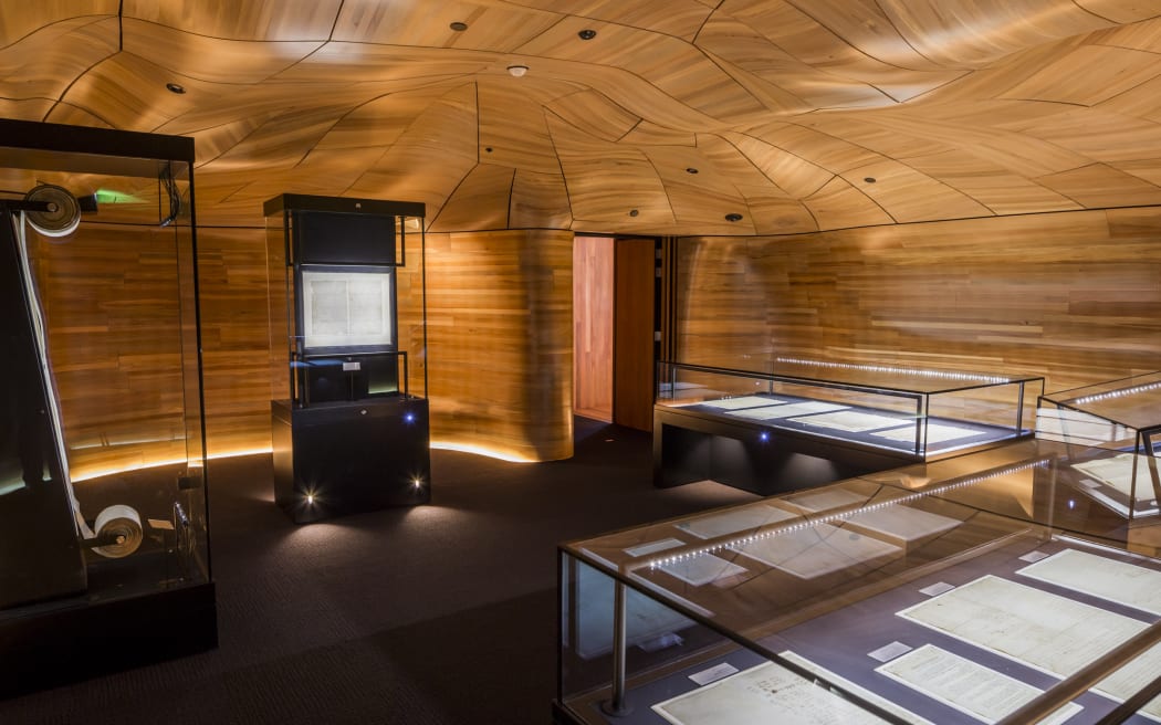 He Tohu documents room at the National Library of New Zealand. From left to right  Women's Suffrage Petition and He Whakaputanga, The Declaration of Independence of the United Tribes of New Zealand,and Te Tiriti o Waitangi, the Treaty of Waitangi.
