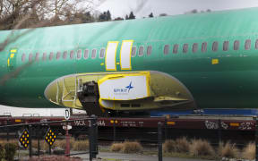 The Spirit AeroSystems logo is pictured on an unpainted 737 fuselage as Boeing's 737 factory teams hold the first day of a "Quality Stand Down" for the 737 program at Boeing's factory in Renton, Washington on January 25, 2024.