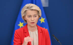 European Commission President Ursula Von der Leyen gives a press conference on the 18th package of sanctions against Russia at the EU headquarters in Brussels.