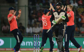 Martin Guptill dismissed in World T20 semi-final 2016.