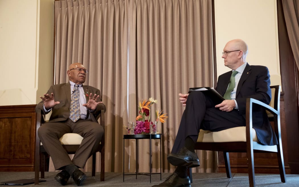 Sitiveni Rabuka, left, at the Lowy Institute event in Canberra.