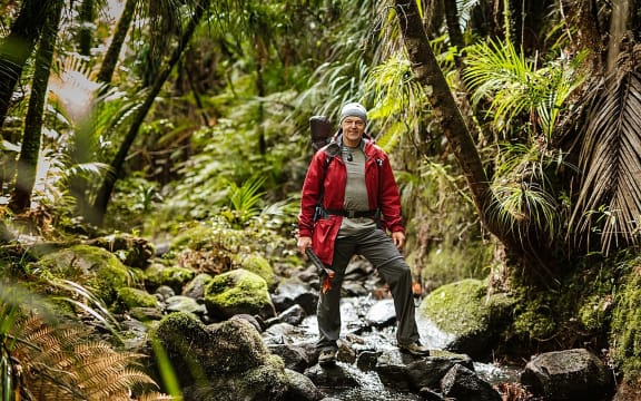 A landscape portrait of Bruce Hopkins wearing tramping clothes and standing in a rain forest.