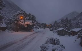 Arthur's Pass is blanketed in snow today, as seen from the NZTA camera 7.45am.