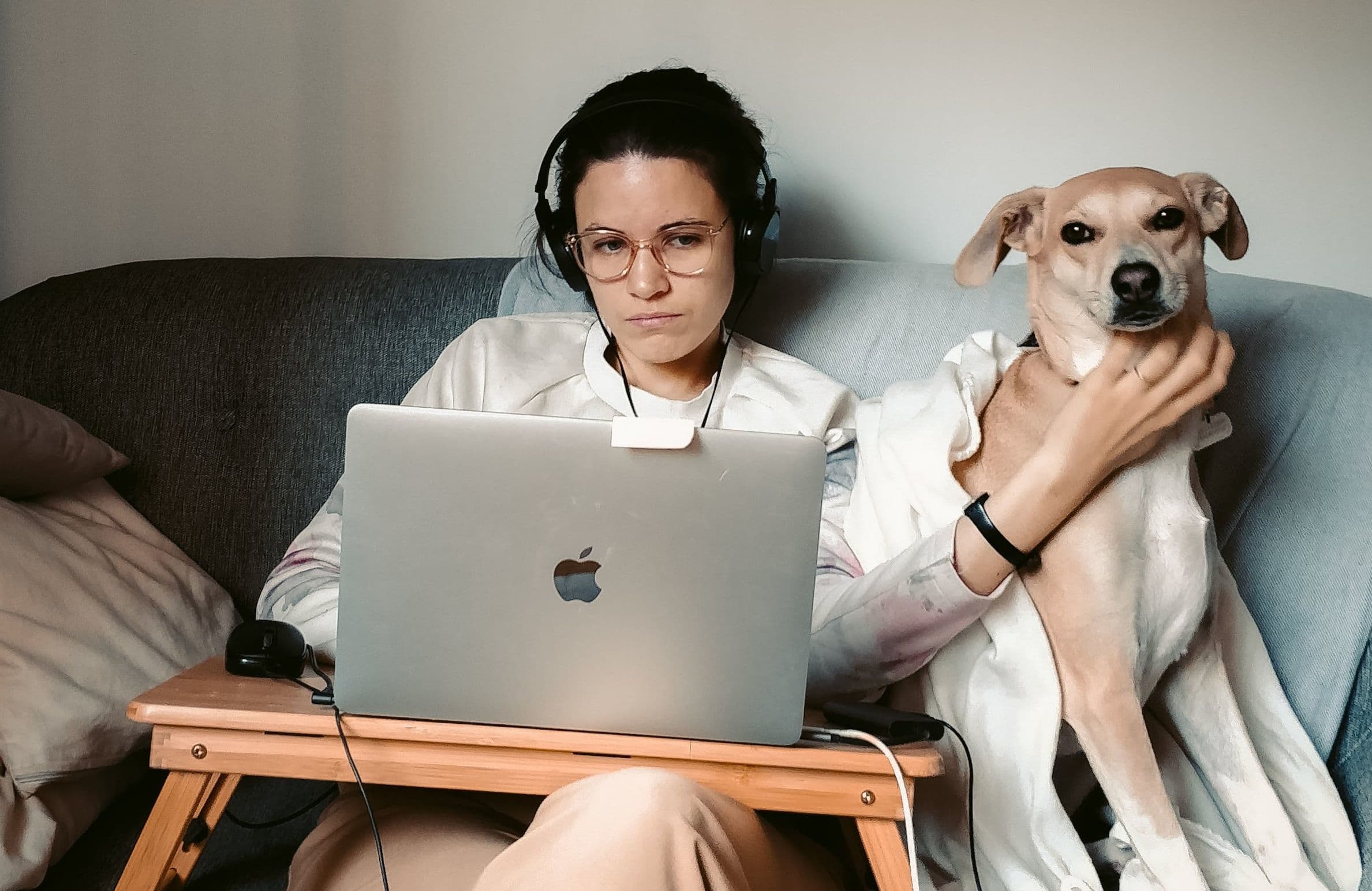 woman working from home with dog