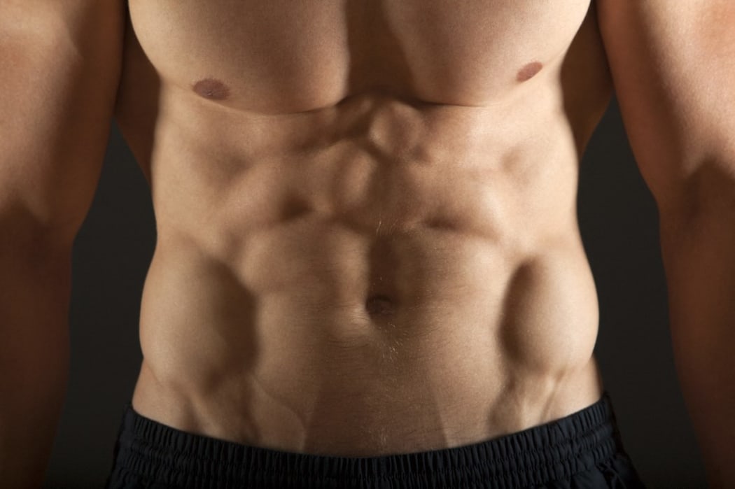 Barechested body builder's abdomen, close-up (Photo by Sandro Di Carlo Darsa / AltoPress / PhotoAlto via AFP)