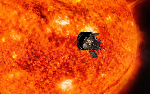 This handout illustration shows an artists conception of NASAs Parker Solar Probe, the spacecraft that will fly through the Suns corona to trace how energy and heat move through the stars atmosphere.
