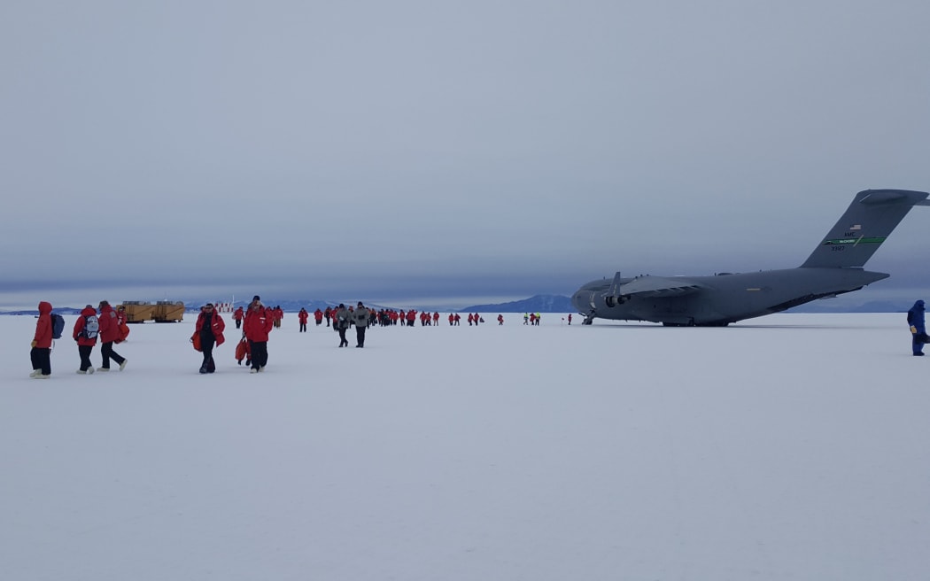 A US Airforce C17 Globemaster on the Phoenix airfield near Scott Base and McMurdo Station on the Ross ice shelf.