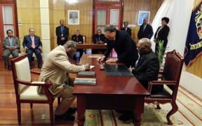 Reshuffled Ministers in Papua New Guinea taking their oaths of office after a failed no confidence motion against Prime Minister Peter Oneil. July 2016