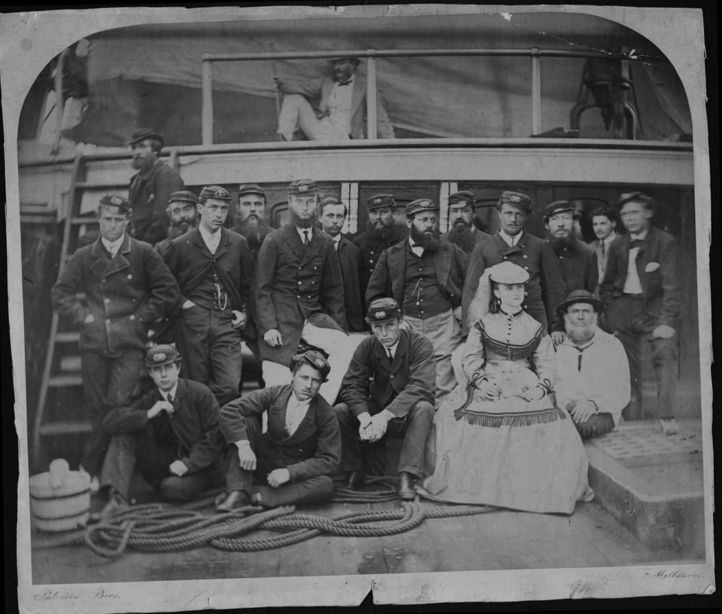 Maud Berridge on the deck of the Walmer Castle in 1869 with the crew.