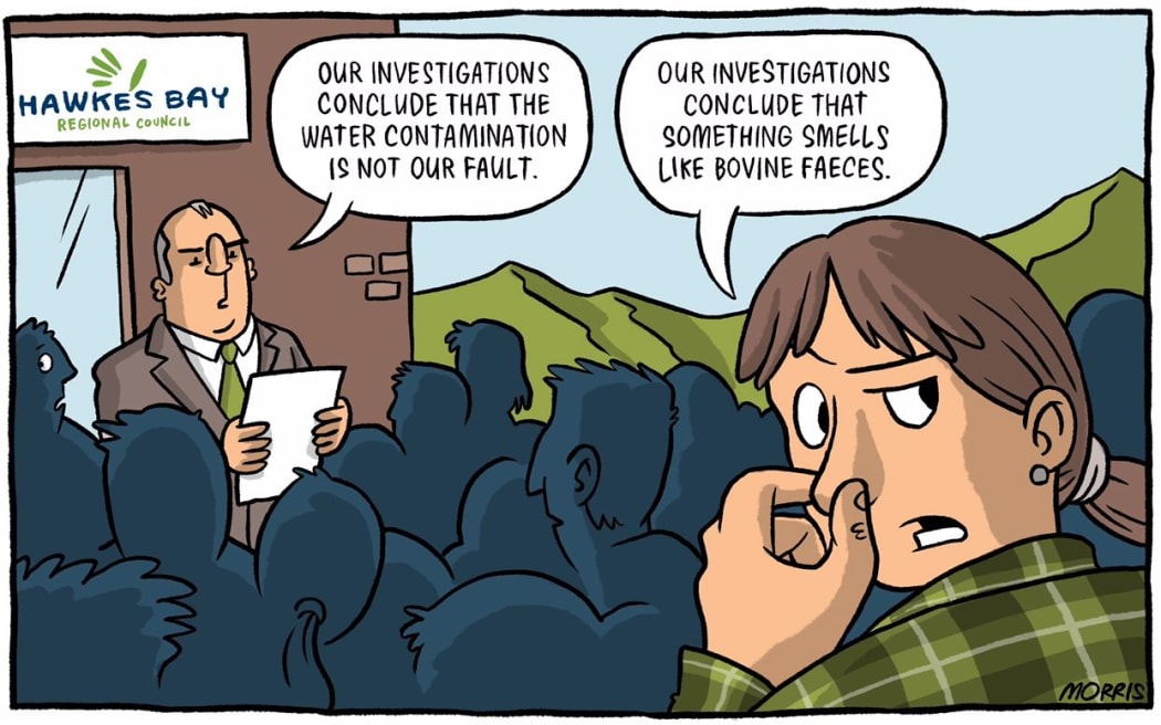 Toby Today - With the Havelock North water crisis now in the fingerpointing stage Toby Morris draws attention to the the waft of bulls**t in the air.