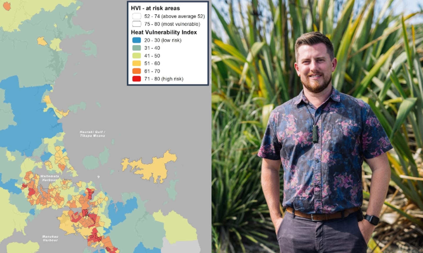 Left, a map that shows the areas (in red) with the most vulnerability to heat due to low tree numbers and, right, Auckland councillor Richard Hills.