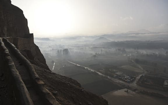 Bamiyan city seen from the hills of Salsal Buddha, the site of the Buddhas of Bamiyan statues, which were destroyed by the Taliban in 2001. March 14 2021.