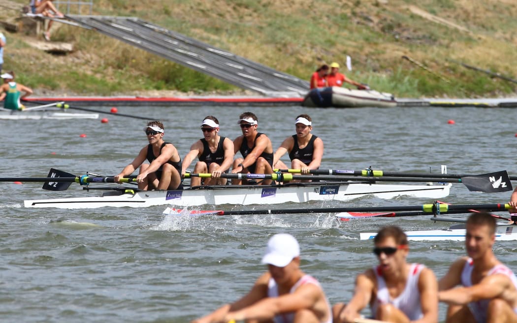 New Zealand Junior Men's Four in the semifinals. Angus Gilbert, Campbell Crouch, Elliott Jenkins and Flynn Eliadis-Watson.