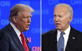 This combination of photos shows Republican presidential candidate former President Donald Trump, left, and President Joe Biden during a presidential debate hosted by CNN, Thursday, June 27, 2024, in Atlanta. (AP Photo/Gerald Herbert)