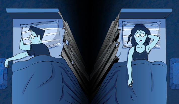 An illustration of a couple separated by a cliff in a bed.