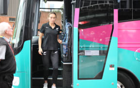 Football Fern Elizabeth Anton steps off the team bus at Spark Arena, Auckland.