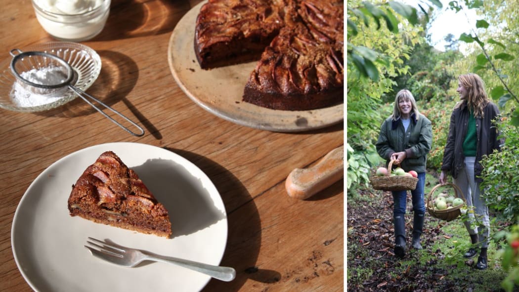 Composite image of Annabel & Rose Langbein gathering fruit and an image of their pear, nutmeg and walnut cake