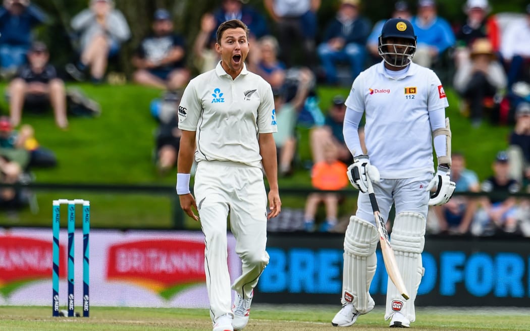 Trent Boult celebrates as the Black Caps remove another Sri Lankan batsman.