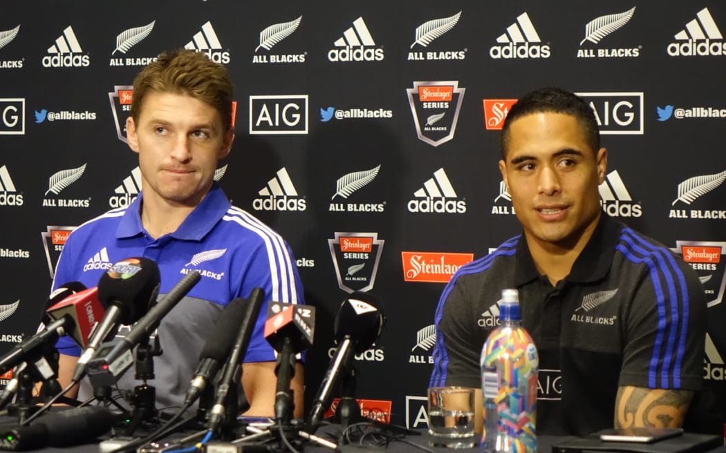 All Blacks Beauden Barrett, left, and Aaron Smith