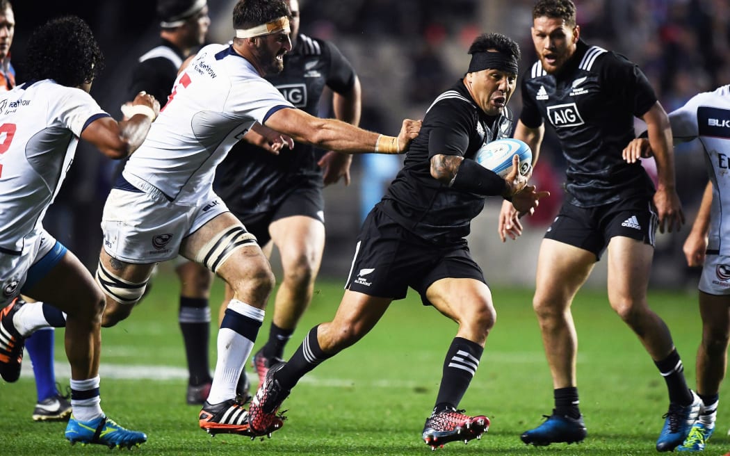 Maori All Backs captain Ash Dixon on the charge in the match against the USA at Toyota Park in Chicago.