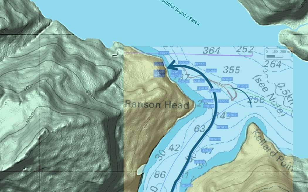A map showing where the Fiordland Navigator vessel ran aground in Doubtful Sound on 24 January, 2024.