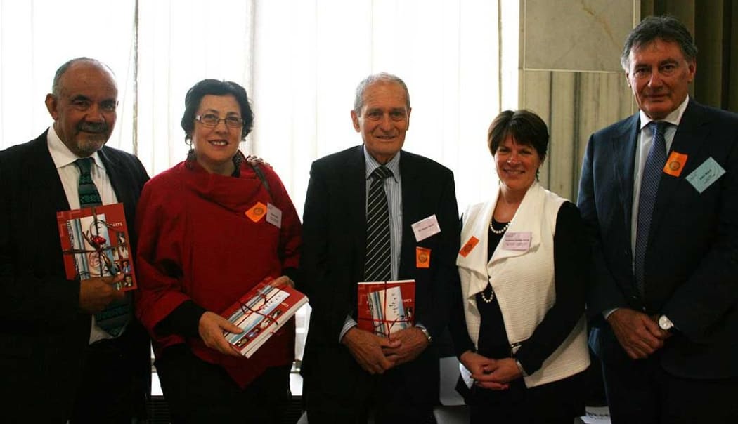 From left, Māori Development Minister Te Ururoa Flavell, Te Kāhui Amokura chair Lynda Smith, Massey Professor Emeritus Sir Mason Durie, Universities NZ chair Harlene Hayne and New Zealand Chancellors Committee chairman John Ward at the launch of the book Fire That Kindles Hearts: Ten Maori Scholars.