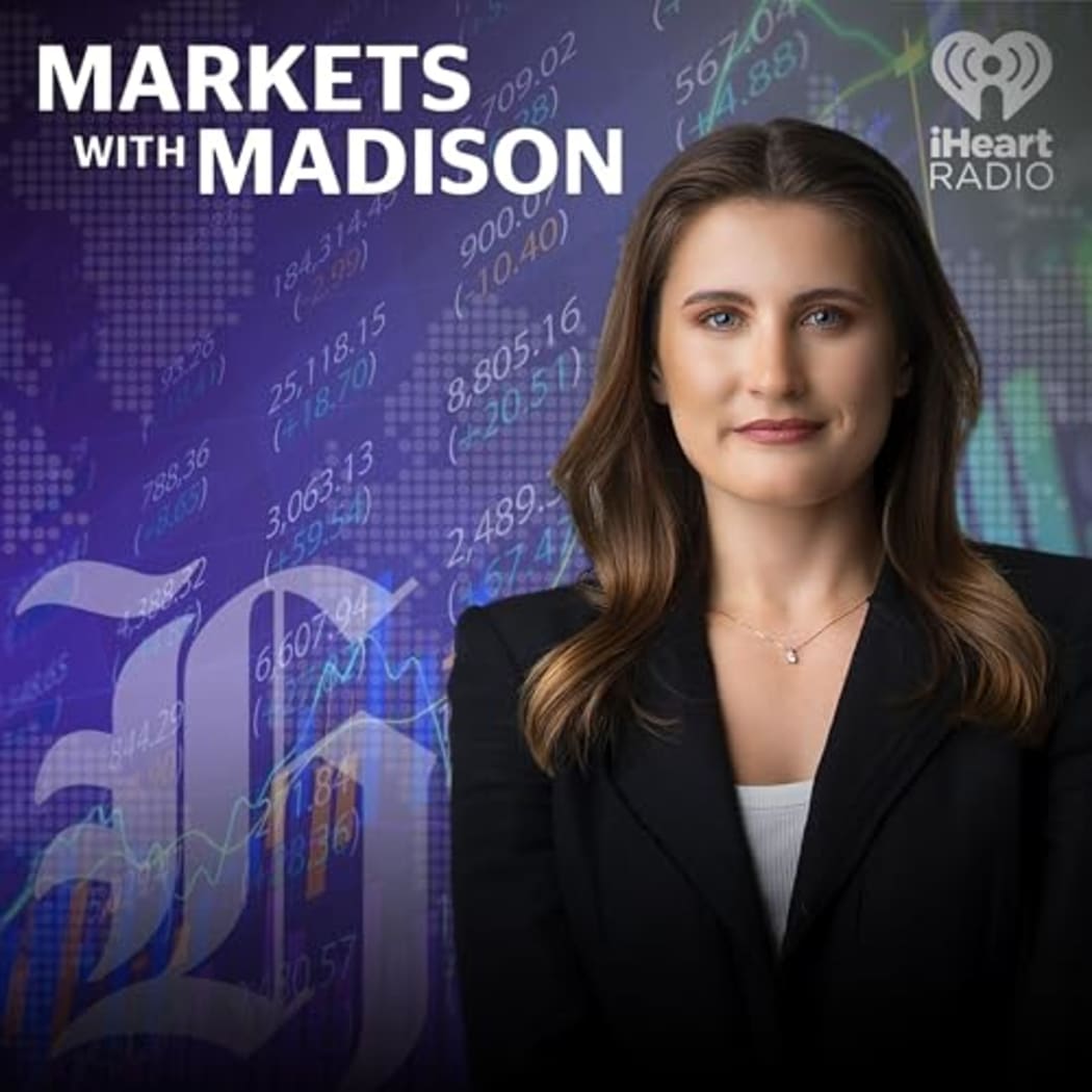 The podcast tile graphic for Markets with Madison. Madison smiles coolly at the camera, wearing a black blazer. Behind her is a stylised purple background with market figures.